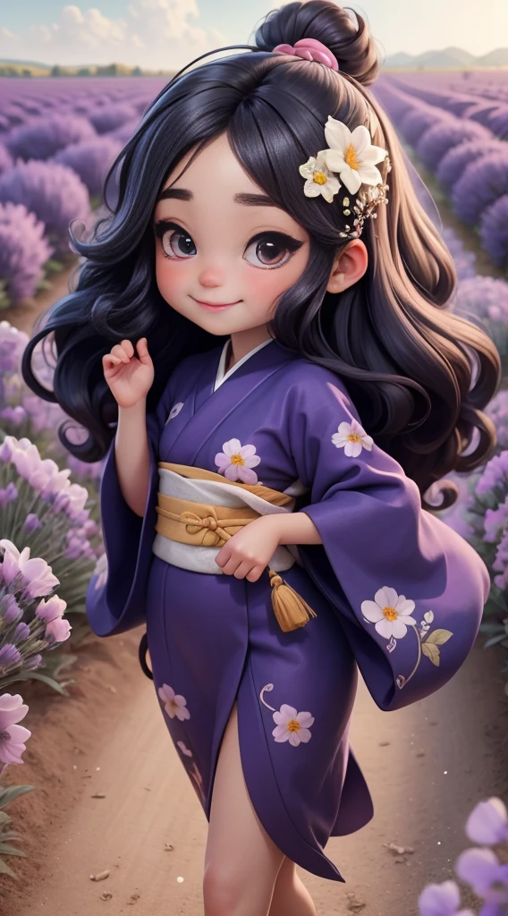 Create a baby chibi version of the Alice character in an 8K resolution. As a coloring book, the color should be black and white, the border should be simple, with the same line thickness, clear, and bold. A beautiful Asian girl with long, flowing black hair adorned with a delicate [lavender hair ornament] is strolling through the picturesque [lavender fields] of Furano, Hokkaido. She is wearing a stunning [kimono with lavender pattern], the vibrant purple colors contrasting with the vast expanse of blooming lavender. The girl's expression exudes a sense of tranquility and joy as she immerses herself in the beauty of the fragrant flowers, It's sunny, Detailed eyes, clear outlines, kawaii pose, A smile, Raise your right hand, Eye Up, Laugh, radiant light, Taken from the side. She should look adorable and cute. Give him a smiling expression and a sweet smile on his face, capturing the essence of the character in a delicate and charming way.