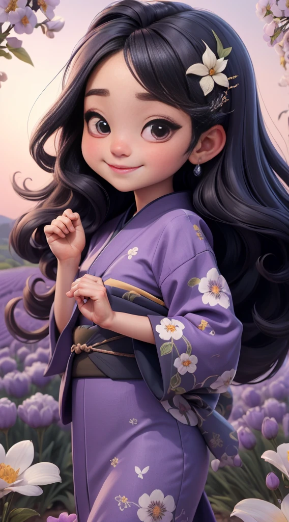 Create a baby chibi version of the Alice character in an 8K resolution. As a coloring book, the color should be black and white, the border should be simple, with the same line thickness, clear, and bold. A beautiful Asian girl with long, flowing black hair adorned with a delicate [lavender hair ornament] is strolling through the picturesque [lavender fields] of Furano, Hokkaido. She is wearing a stunning [kimono with lavender pattern], the vibrant purple colors contrasting with the vast expanse of blooming lavender. The girl's expression exudes a sense of tranquility and joy as she immerses herself in the beauty of the fragrant flowers, It's sunny, Detailed eyes, clear outlines, kawaii pose, A smile, Raise your right hand, Eye Up, Laugh, radiant light, Taken from the side. She should look adorable and cute. Give him a smiling expression and a sweet smile on his face, capturing the essence of the character in a delicate and charming way.