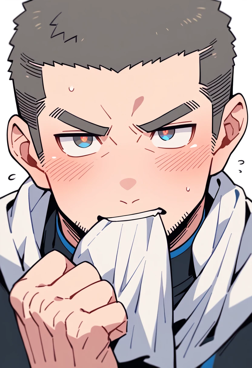 anime characters:Priapus, Muscle Sports Student, Buzz Cut, Manliness, male focus, Sports tight hooded sweatshirt, Very tight, full and perky chest muscles, muscular male, muscular, only, Upper body, alone, Black short hair, Thick eyebrows, stubble, Brown-red pupils, White background, simple background, amazing quality, best aesthetics, Ridiculous, crew cut, blush, mouth hold, Mouth biting a white towel, embarrassed, shy, endured face, negative space, best quality
