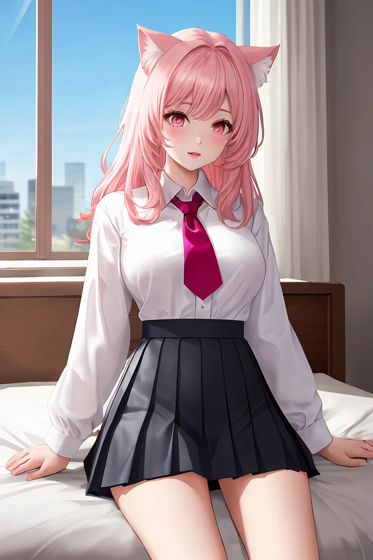 (score_9,score_8_up,score_7_up,score_6_up,score_5_up,score_4_up),masterpiece, top quality, best quality, official art, beautiful and aesthetic, animation, , 1girl with cat ear, perfect figure, pink hair, complicated details, bedroom, sitting on the bed, white shirt, pink pleated skirt ,