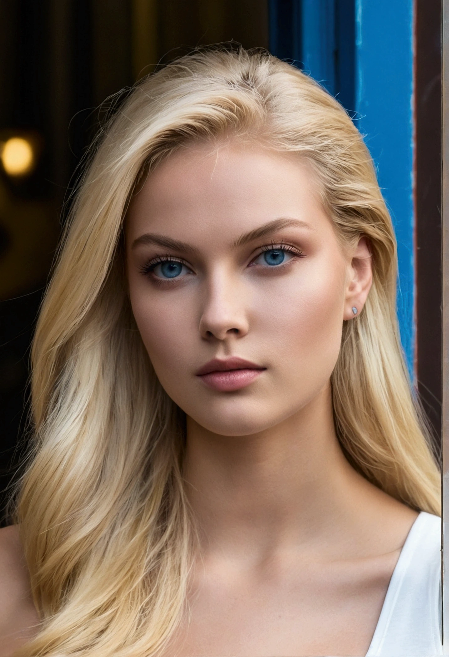 Un gros plan d&#39;une femme aux longs cheveux blond clair et aux yeux bleus portant un débardeur, belle fille blonde,  beau modèle blond, Anna Nikolanova alias Newmilky, belle jeune mannequin, jolie jeune femme, modèle de jolie fille, belle jeune femme,  Attractif, 2 mannequin femme de 30 ans, très belle jeune femme, fille blonde , une belle blonde, modèle instagram, Visage parfait ) Dans la rue