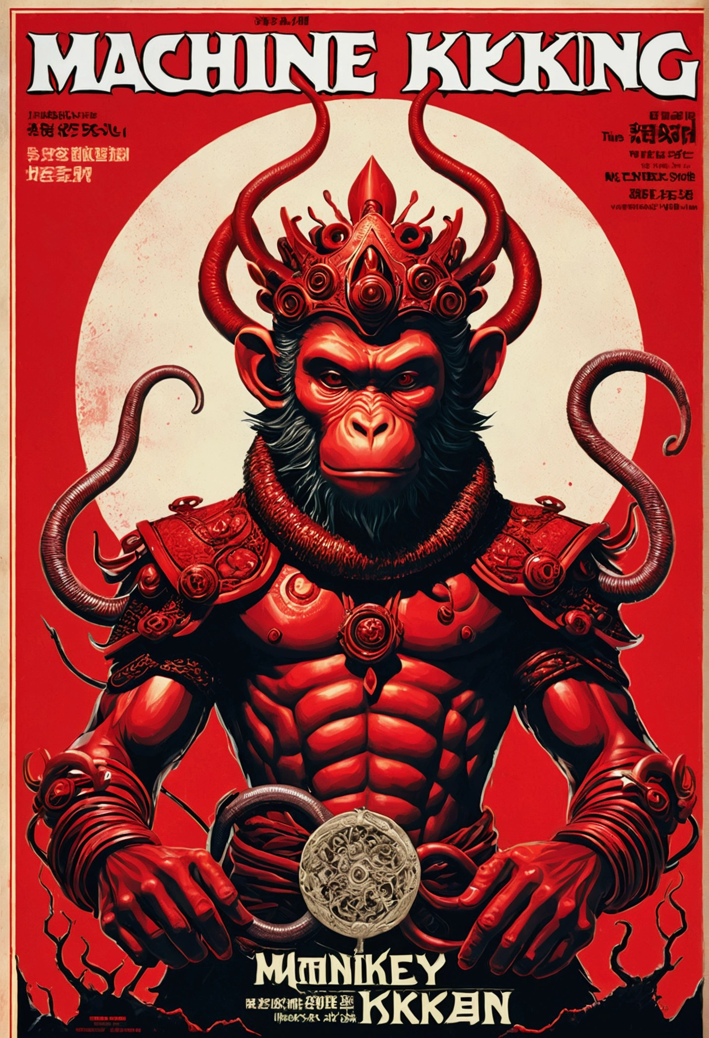 Machine Monkey King, magazine cover, Poster Art , Lovecraftian horror genre,  Light crimson, Bold large text, Matte design layout.