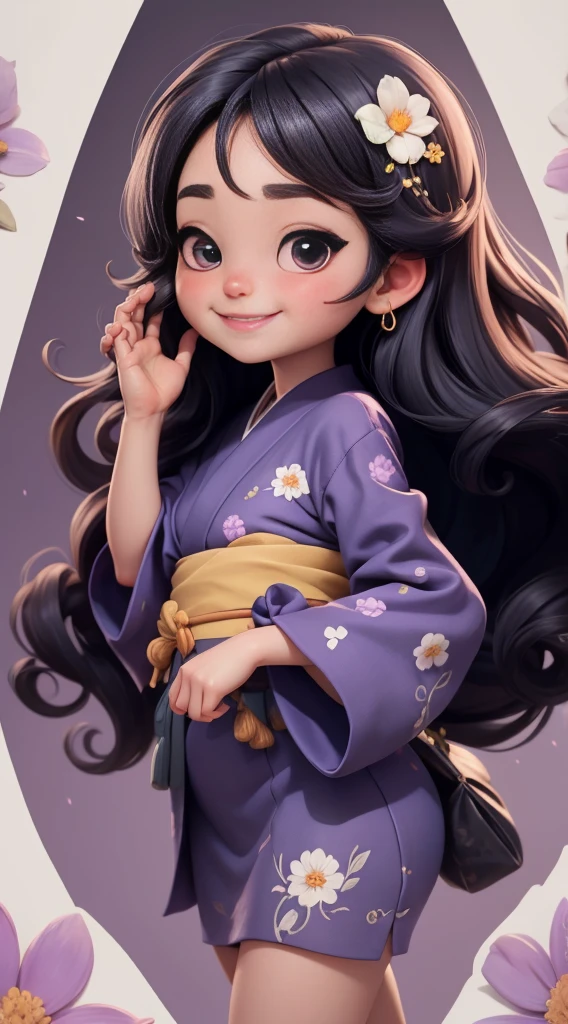 Create a baby chibi version of the Alice character in an 8K resolution. As a coloring book, the color should be black and white, the border should be simple, with the same line thickness, clear, and bold. A beautiful Asian girl with long, flowing black hair adorned with a delicate [lavender hair ornament] is strolling through the picturesque [lavender fields] of Furano, Hokkaido. She is wearing a stunning [kimono with lavender pattern], the vibrant purple colors contrasting with the vast expanse of blooming lavender. The girl's expression exudes a sense of tranquility and joy as she immerses herself in the beauty of the fragrant flowers, It's sunny, Detailed eyes, clear outlines, kawaii pose, A smile, Raise your right hand, Eye Up, Laugh, radiant light, Taken from the side. She should look adorable and cute. Give him a smiling expression and a sweet smile on his face, capturing the essence of the character in a delicate and charming way.