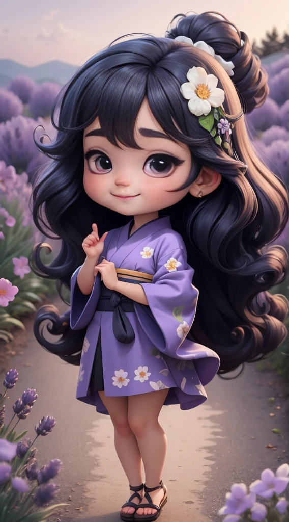 Create a baby chibi version of the Alice character in an 8K resolution. As a coloring book, the color should be black and white, the border should be simple, with the same line thickness, clear, and bold. A beautiful Asian girl with long, flowing black hair adorned with a delicate [lavender hair ornament] is strolling through the picturesque [lavender fields] of Furano, Hokkaido. She is wearing a stunning [kimono with lavender pattern], the vibrant purple colors contrasting with the vast expanse of blooming lavender. The girl's expression exudes a sense of tranquility and joy as she immerses herself in the beauty of the fragrant flowers, It's sunny, Detailed eyes, clear outlines, kawaii pose, A smile, Raise your right hand, Eye Up, Laugh, radiant light, Taken from the side. She should look adorable and cute. Give him a smiling expression and a sweet smile on his face, capturing the essence of the character in a delicate and charming way.