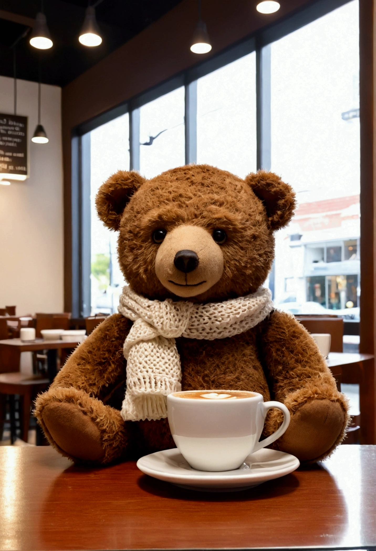 Brown teddy bear drinks coffee at a white coffee shop.