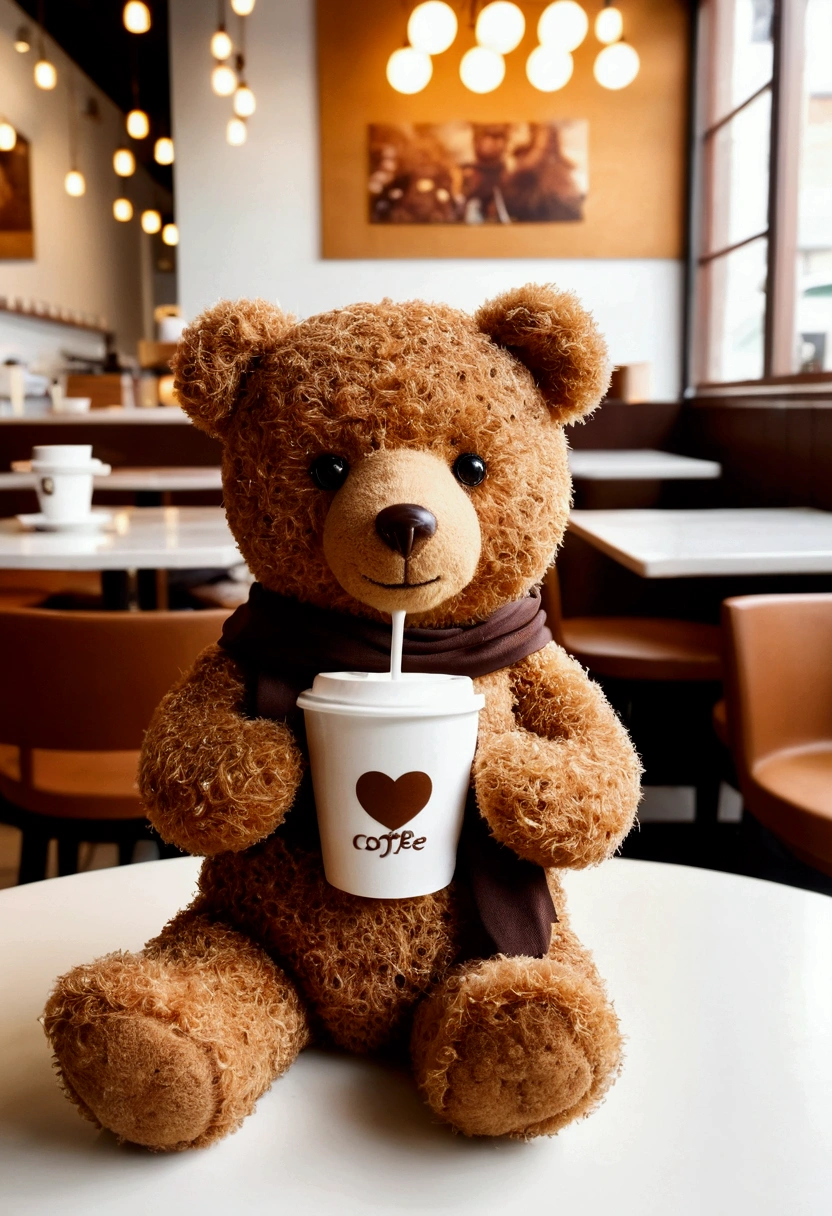 Brown teddy bear drinks coffee at a white coffee shop.