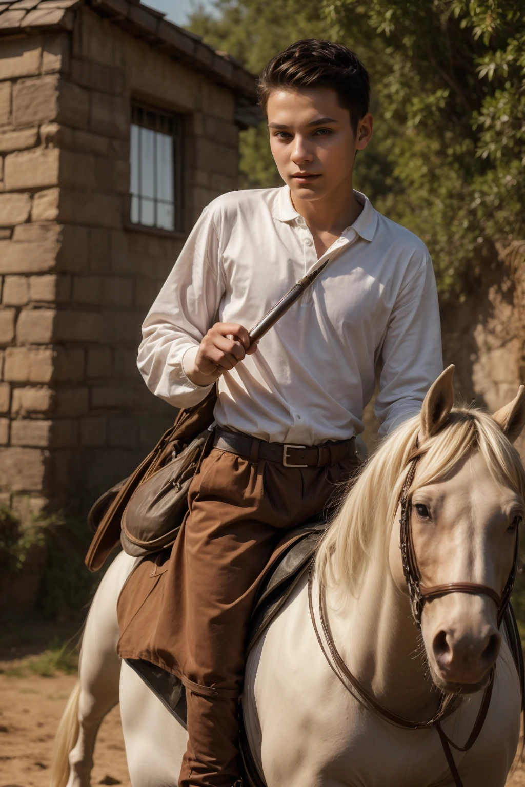 A cute twink male with a make-up face and black hair. He is wearing a white long-sleeved shirt and brown pants. He is riding a horse and looks proudly on the battlefield with a drawn sword in his hand.