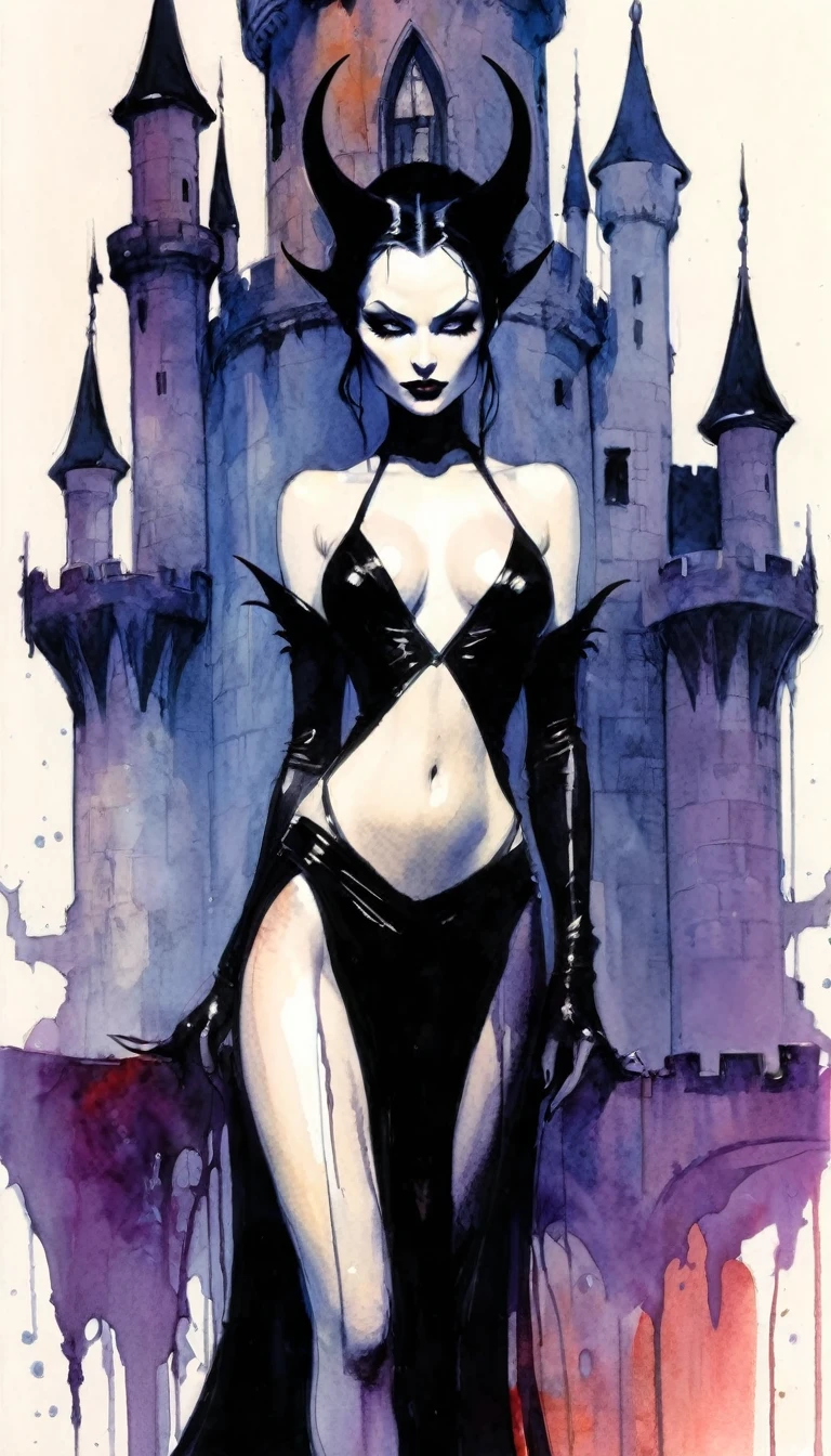 some sexy, dark, queen of hell, loneliness, magic,castle, tmari, sketch, traditional media, pen drawing, white background (art inspired by Bill Sienkiewicz). oil painting) 