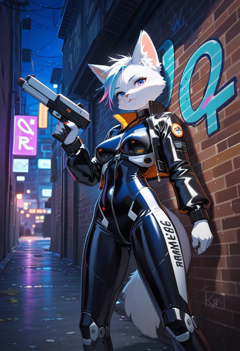 animation, Highest quality, Highest quality, High quality illustrations, masterpiece, Ultra-high resolution, Detailed Background, Alley, night, Graffiti art on the wall, Absurd, Perfect Anatomy, performance, Good lighting, Shadows in the movies(kemono, Furry PersonifiCation), Cat, woman, Blueskin, White Rubber Suit, latex, neon, neonライト, neonカラー, Bodysuits, Cyber Suit, Mech Suit, Rubber Half Jacket, cyber punk, Blade Runner, He has a gun in his right hand, Holding a blade in his left hand
