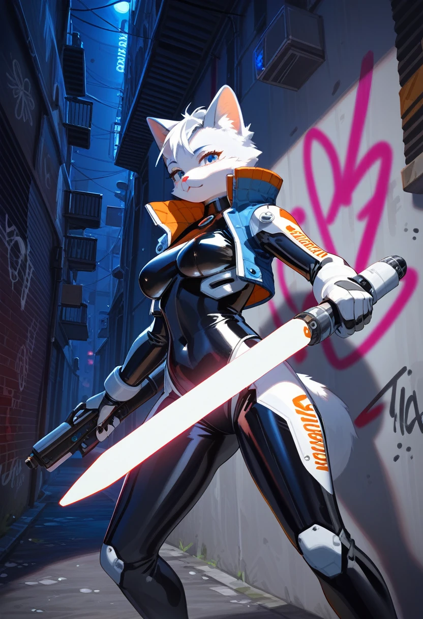 animation, Highest quality, Highest quality, High quality illustrations, masterpiece, Ultra-high resolution, Detailed Background, Alley, night, Graffiti art on the wall, Absurd, Perfect Anatomy, performance, Good lighting, Shadows in the movies(kemono, Furry PersonifiCation), Cat, woman, Blueskin, White Rubber Suit, latex, neon, neonライト, neonカラー, Bodysuits, Cyber Suit, Mech Suit, Rubber Half Jacket, cyber punk, Blade Runner, He has a gun in his right hand, Holding a blade in his left hand