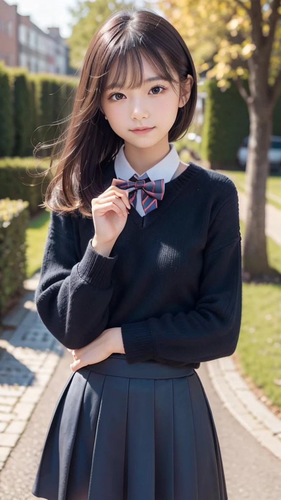 (masterpiece, best quality:1.4), award winning portrait, 8k, 85mm, solo, beautiful face, delicate girl, dark navy skirt, long sleeve, violaceaess, gardeniass, elegance, sophisticated, cute, , looking at viewer, 18yo, raw photo, absurdres, HDR, sharp focus, bow tie, bokeh background, (full nude1.8),