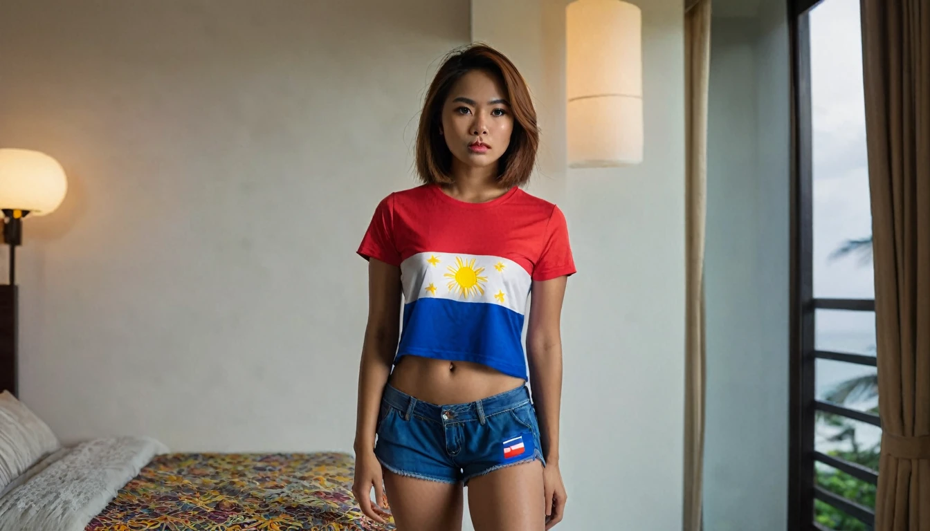 "Generate a photo-realistic image portraying a Hispanic-Filipina woman, aged 24, standing in a bedroom of a condo apartment in the Philippines. Her skin is dark tan, complementing her Hispanic-Latin-Filipina heritage. She has a slender, figure and sports waist-length, thick hair and a flat nose. Her outfit consists of small shorts and a t-shirt with a Philippines flag design. The setting is captured in the evening with twilight hues filtering through the living room window. The photograph should focus on capturing detailed emotions in her angry, furrowed brow, pouting face and the rich details of her hair, using a 2.8 aperture for a depth of field effect."
