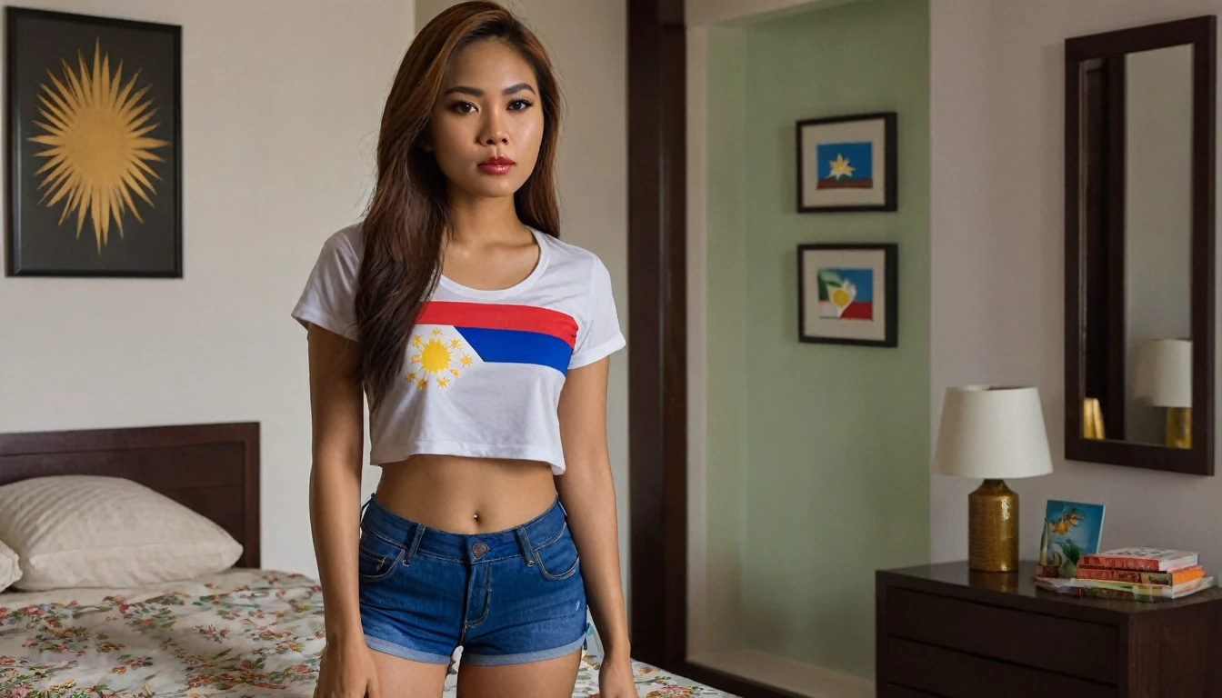 "Generate a photo-realistic image portraying a Hispanic-Filipina woman, aged 24, standing in a bedroom of a condo apartment in the Philippines. Her skin is dark tan, complementing her Hispanic-Latin-Filipina heritage. She has a slender, figure and sports waist-length, thick hair and a flat nose. Her outfit consists of small shorts and a t-shirt with a Philippines flag design. The setting is captured in the evening with twilight hues filtering through the living room window. The photograph should focus on capturing detailed emotions in her angry, furrowed brow, pouting face and the rich details of her hair, using a 2.8 aperture for a depth of field effect."
