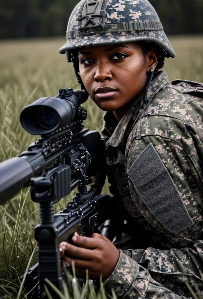 a black female sniper, wearing camouflage uniform and helmet, aiming with one eye, prone position, close-up, in a grassy field, photography, 4k, hyperrealistic, ultra-detailed, cinematic lighting, dramatic shadows, gritty atmosphere, military-inspired, intense gaze, steady hand, laser focus, powerful pose