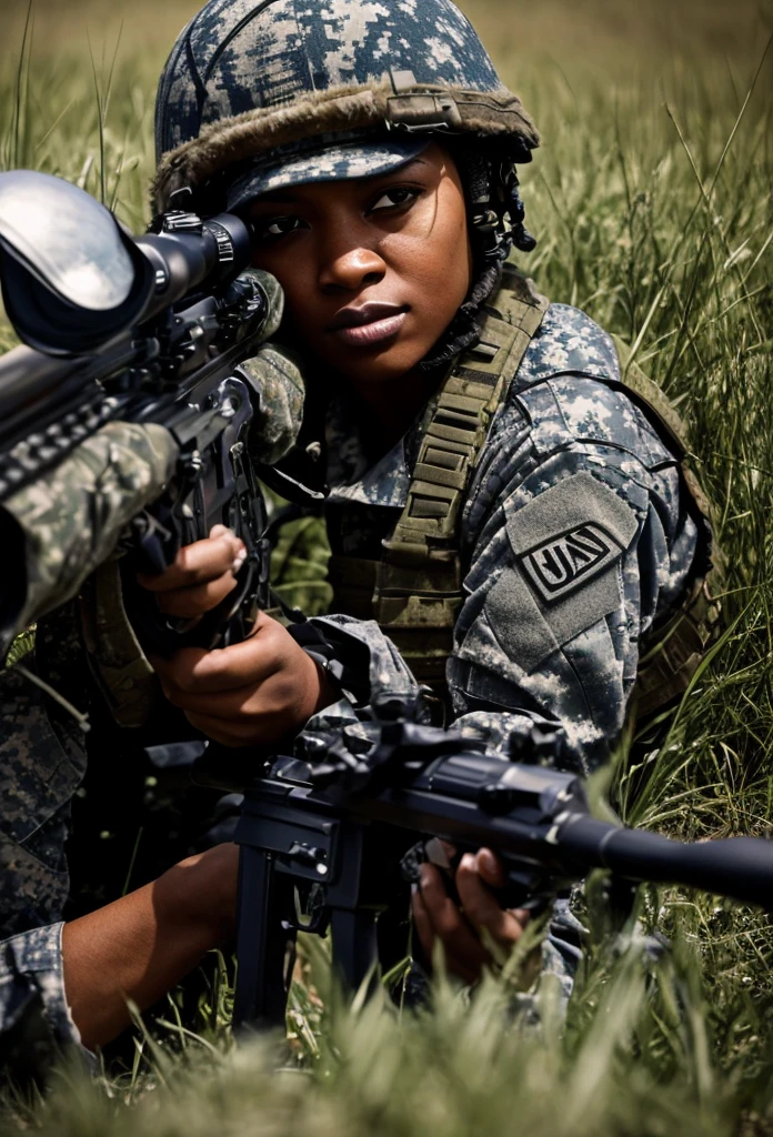 a black female sniper, wearing camouflage uniform and helmet, aiming with one eye, prone position, close-up, in a grassy field, photography, 4k, hyperrealistic, ultra-detailed, cinematic lighting, dramatic shadows, gritty atmosphere, military-inspired, intense gaze, steady hand, laser focus, powerful pose