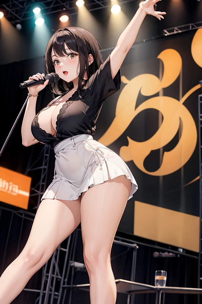 One Woman、Idol、Idolの服装、AKB&#39;s clothing、Live Performance Venues、Large crowd、beautiful girl, Highest quality, smile,  panties、Thick thighs、Big 、Big Ass、Black Hair、Sweaty body、Angle from directly below、Sweaty crotch、Intense dancing、dance、Microphone in one hand、A vibrator in one hand、Orgasmic face、Face of ecstasy、Love juice、Trembling