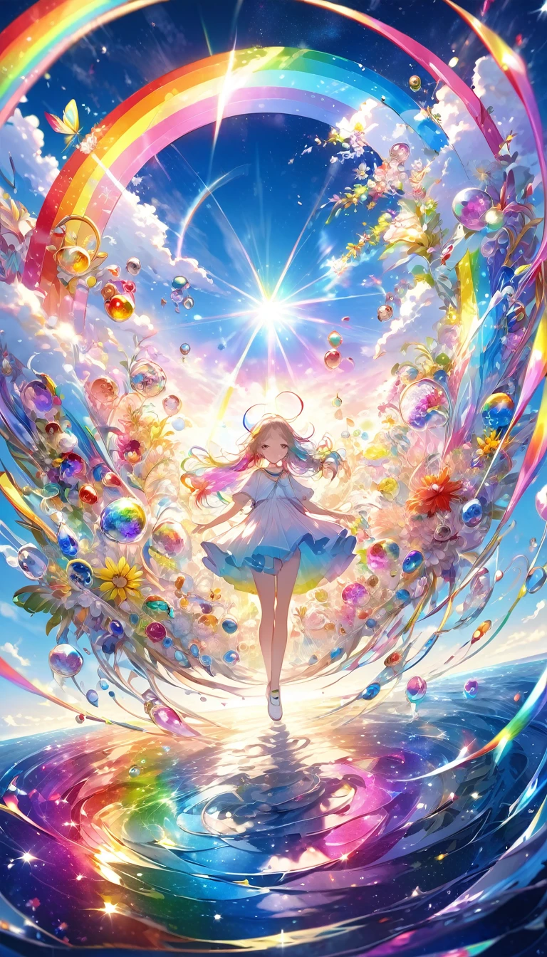 The rainbow-colored sea、Feel the summer、Highest quality, Super Fine, 16K, Incredibly absurd, Very detailed, delicate and dynamic, Multiple Translucency, Rainbow Magic Circle, ,, Prism special effects, mirror, illumination, Swirling dark aura, And beyond the universe,masterpiece.16K, Ultra-high resolution, Ultra-high resolution, to be born,wonderful ,future、Iridescent、The world 30 years from now。