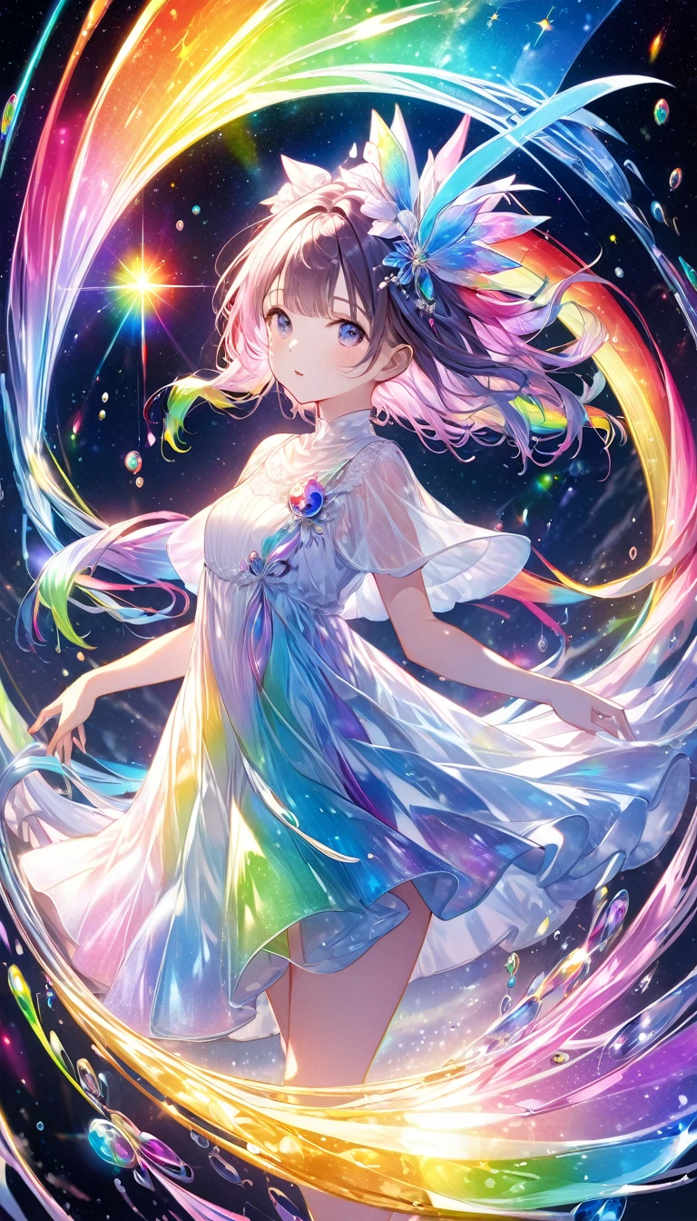 The rainbow-colored sea、Feel the summer、Highest quality, Super Fine, 16K, Incredibly absurd, Very detailed, delicate and dynamic, Multiple Translucency, Rainbow Magic Circle, ,, Prism special effects, mirror, illumination, Swirling dark aura, And beyond the universe,masterpiece．16K, Ultra-high resolution, Ultra-high resolution, to be born,wonderful ,future、Iridescent、The world 30 years from now。