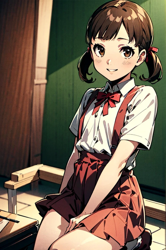 solo, smile, Nanako Doujima, short twintails, brown eyes, eva school unifrom, 1girl, solo, tokyo-3 middle ,  shirt, short sleeves, suspender skirt, neck ribbon,, ultra detailed, masterpiece, best quality,,panties