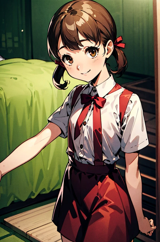 solo, smile, Nanako Doujima, short twintails, brown eyes, eva school unifrom, 1girl, solo, tokyo-3 middle ,  shirt, short sleeves, suspender skirt, neck ribbon,, ultra detailed, masterpiece, best quality,nsfw