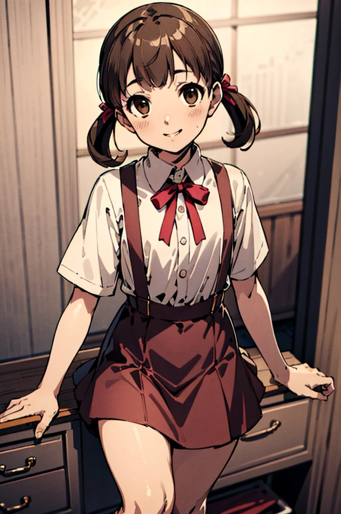 solo, smile, Nanako Doujima, short twintails, brown eyes, eva school unifrom, 1girl, solo, tokyo-3 middle ,  shirt, short sleeves, suspender skirt, neck ribbon,, ultra detailed, masterpiece, best quality,nsfw