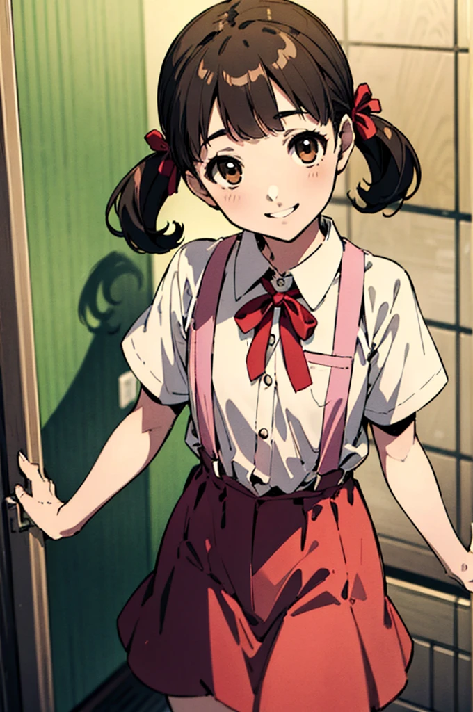 solo, smile, Nanako Doujima, short twintails, brown eyes, eva school unifrom, 1girl, solo, tokyo-3 middle ,  shirt, short sleeves, suspender skirt, neck ribbon,, ultra detailed, masterpiece, best quality,nsfw