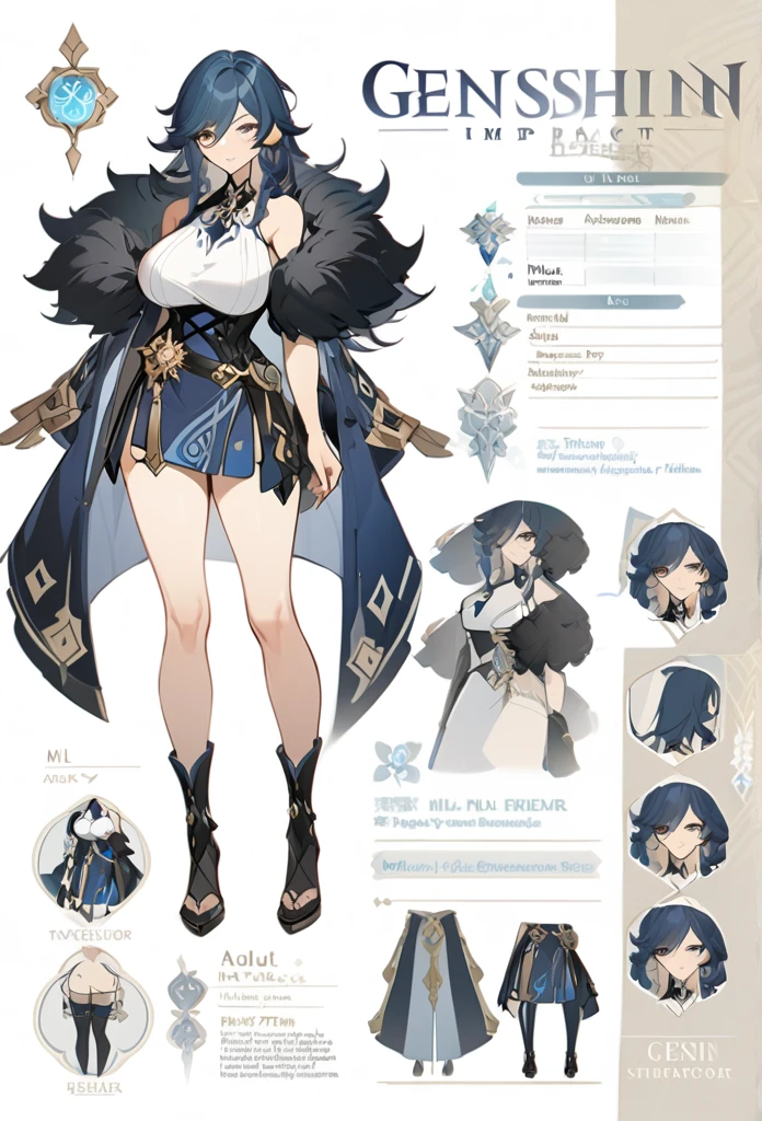 Genshin impact, genshin impact outfit, large breast, standing, character sheet, white backgound, bare shoulders, fur mantle, long hair,
slender legs, milf, adult,