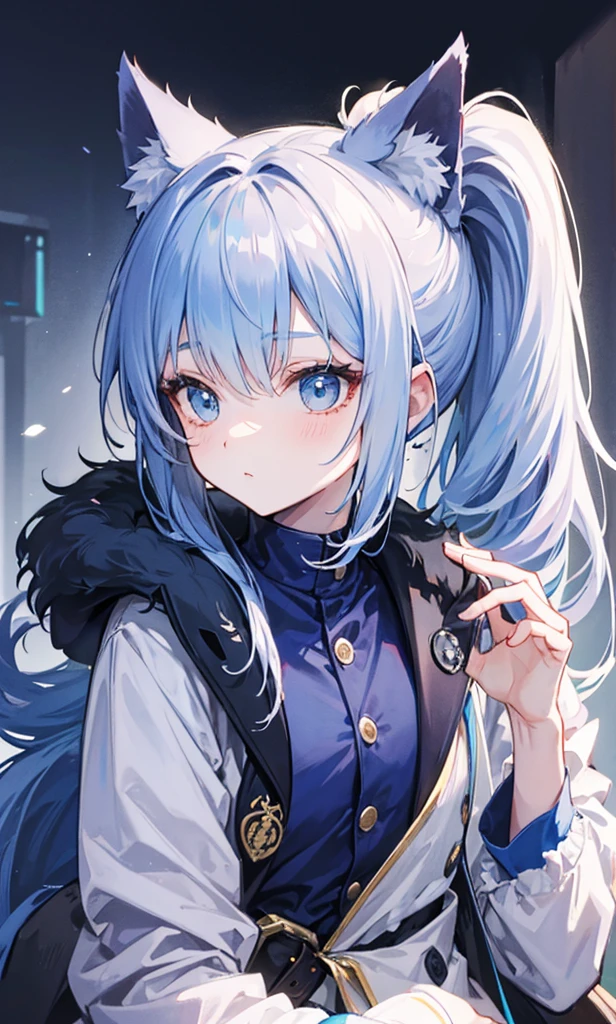 Dark blue fox-like high ponytail,Simple light blue cotton coat,Petite cute sweet lady girl