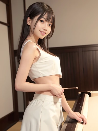 Japanese female, a lot of details, (underweight), 30 years old, detailed black hair, beautiful detailed hair, super  beautiful, delicate beautiful face, complex details beautiful and delicate eyes, perfect hands, (flat chest best quality:1.5), perfect and delicate limbs, detailed skin, best quality, ultra-detailed,(cheerful grin:1.5),
billiard hall, short hair, (red blouse), (cream jacket), (cream skirt), (playing nine ball billiards),(break shot moment:1.3), (long shot), (back shot:1.2), dutch angle shot