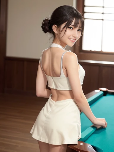 Japanese female, a lot of details, (underweight), 30 years old, detailed black hair, beautiful detailed hair, super fucking beautiful, delicate beautiful face, complex details beautiful and delicate eyes, perfect hands, (flat chest best quality:1.5), perfect and delicate limbs, detailed skin, best quality, ultra-detailed,(cheerful grin:1.5),
billiard hall, short hair, (red blouse), (cream jacket), (cream skirt), (playing nine ball billiards),(break shot moment:1.3), (long shot), (back shot:1.2), dutch angle shot
