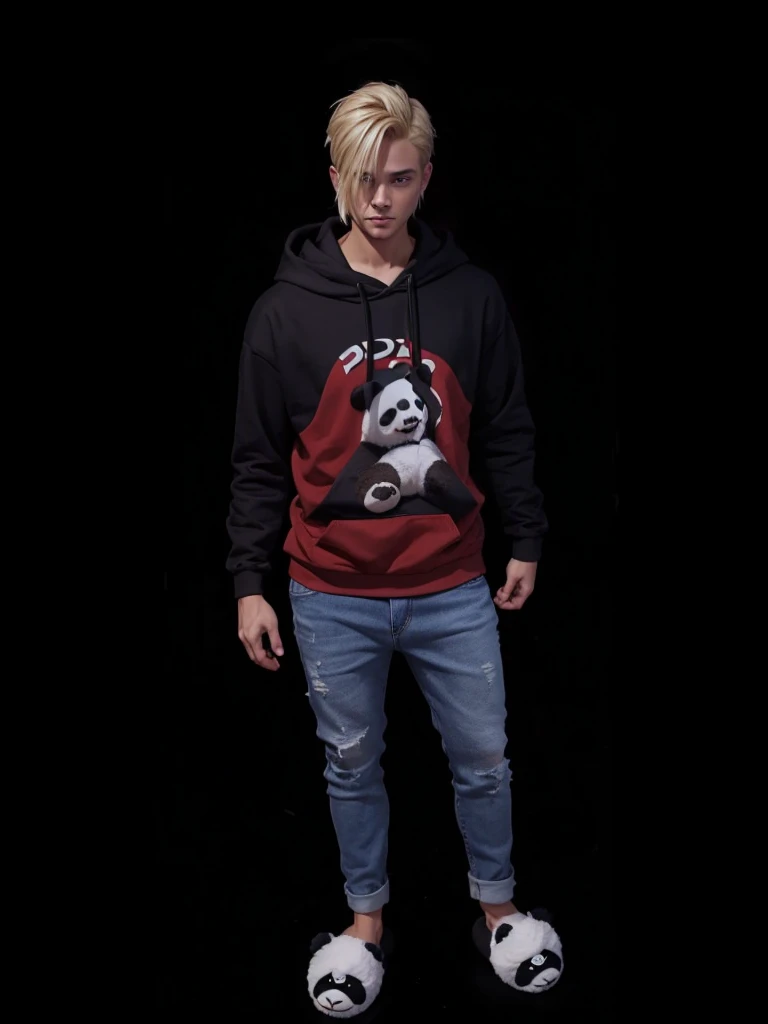 A full body man, with short blonde hair, with hoodie, with jeans, with panda slippers on feet.