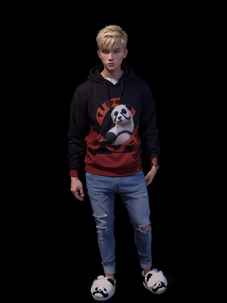 A full body man, with short blonde hair, with hoodie, with jeans, with panda slippers on feet.