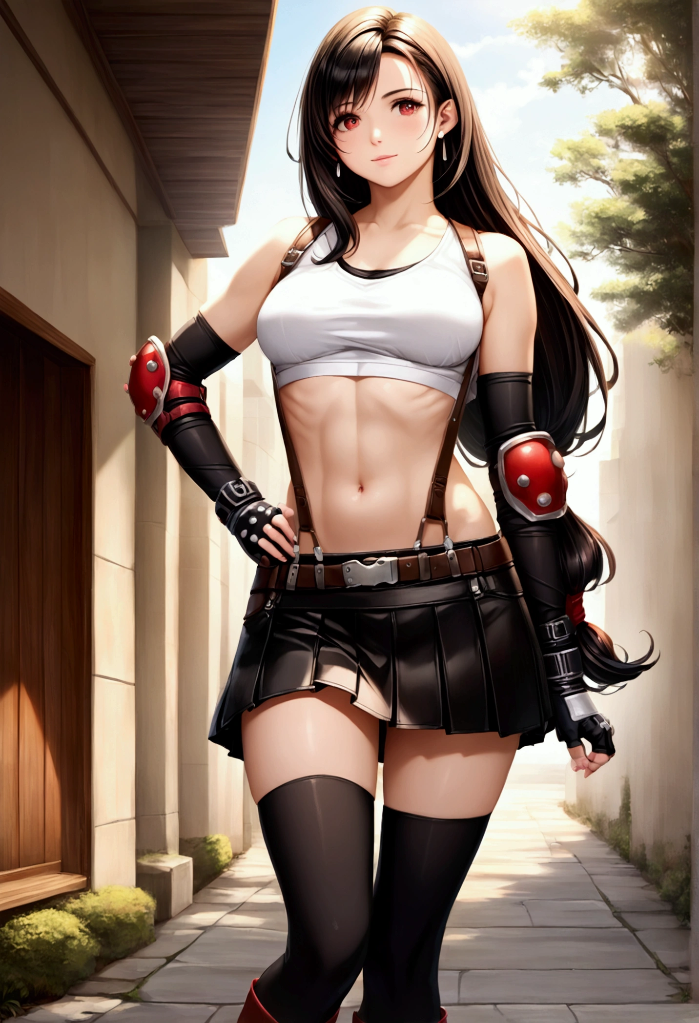 score_9, score_8_up, score_7_up,,BREAK , ,from front,front view,top angle,,contrapost pose,(upperbody) ,,straight-on,Solo,1girl, tifa lockhart, final fantasy,black hair, low-tied long hair, red eyes, bangs, (white tank top,gap),High exposure,Belly exposure,the ribs,(belt, pleated skirt, thighhighs, elbow fingerless gloves, elbow pads, midriff, navel,suspenders.skirt),beautiful waist ,(large_breast:1.3),light smile,,hand on own hip,daytime,outdoor,(ultra detailed),(best quality),(aesthetic,very aesthetic),UHD,photorealistic,game cg.extremely detailed CG unity 8k wallpaper,photorealistic,depth of field,,,