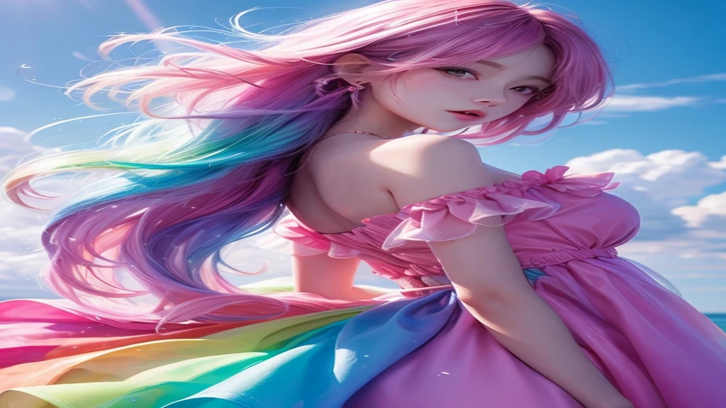 Pastel wind painting, rainbow colours, high quality painting, masterpiece, 4k, animation, pretty girl, pink side-tail hair, pink dress, “A cute, realistic girl with rainbow hair, listening to music with headphones, eyes closed.”