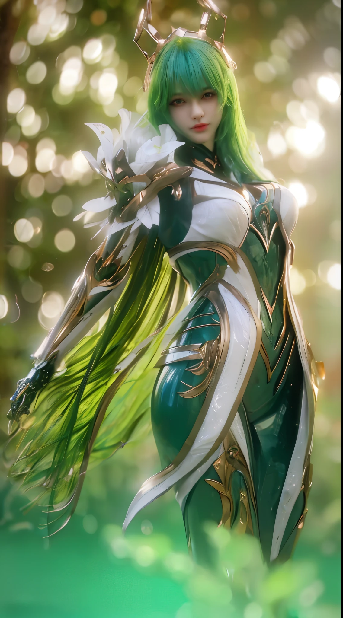 (A complex green-haired woman，Mecha joints and wing radiation, Quiet and dignified, Standing in the water), High-res, Ultra-detailed, Realistic, Vibrant colors, Bokeh, Studio lighting.