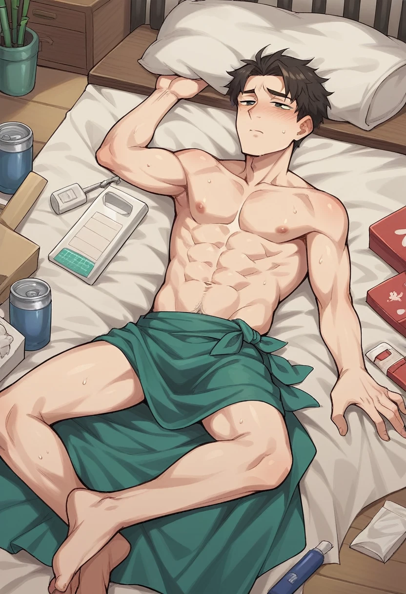 "Caricature of an Indonesian young man who is sick, lying in a bamboo booth with his body wrapped in a sarong. The man has a tired and suffering facial expression, with half-closed eyes and a little sweat on his forehead. The sarong that covers his body has a soft texture and a checkered pattern- colorful box. Next to the bed, there is a small table with a thermometer, a medicine box, and a glass of water. The bedroom background looks simple but comfortable, with some additional details, such as tissues scattered on the floor or medicine bottles table, adding to the impression that the man was truly ill."