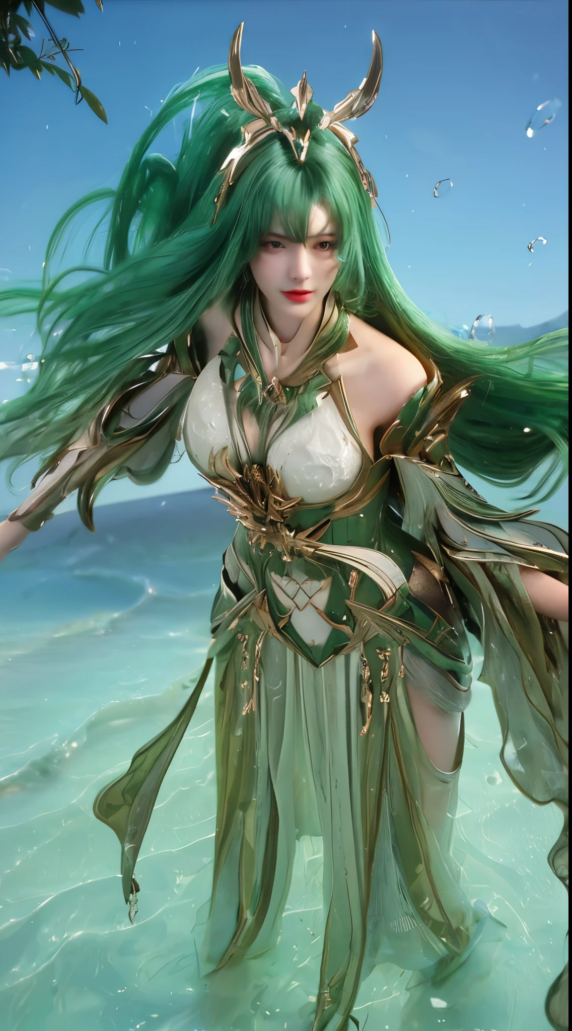(A complex green-haired woman,Mecha joints and wing radiation, Quiet and dignified, Standing in the water), High-res, Ultra-detailed, Realistic, Vibrant colors, Bokeh, Studio lighting.