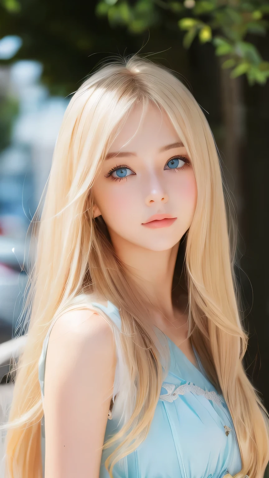 Very beautiful face、A beautiful blonde girl with a stunning beauty、Super Long Hair、windy silky blonde super long hair、Mysterious blonde、Swinging bangs that block the view、Cute sexy 16 year old blonde girl with light blue eyes、Hair above the eyes、片Hair above the eyes、Hair between the eyes、Big bright light blue eyes that shine so beautifully、eyeliner、Bright expression、Cheek gloss highlighter、Round face