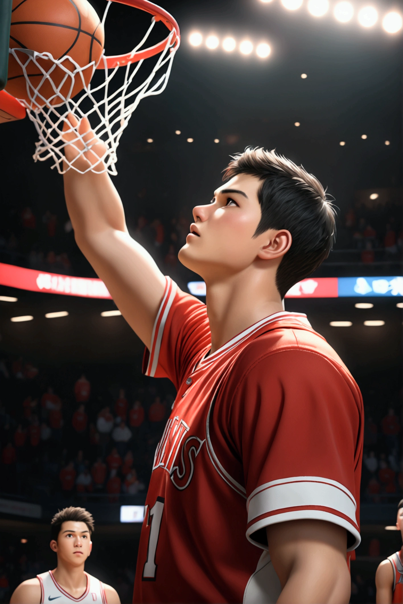 1boy, Shohei Ohtani, basketball player, dunk shoot, from below, cinematic angle, audience well up, detailed facial features, realistic, hyper-realistic, photorealistic, (best quality,4k,8k,highres,masterpiece:1.2),ultra-detailed,(realistic,photorealistic,photo-realistic:1.37),studio lighting,vivid colors,dramatic lighting,