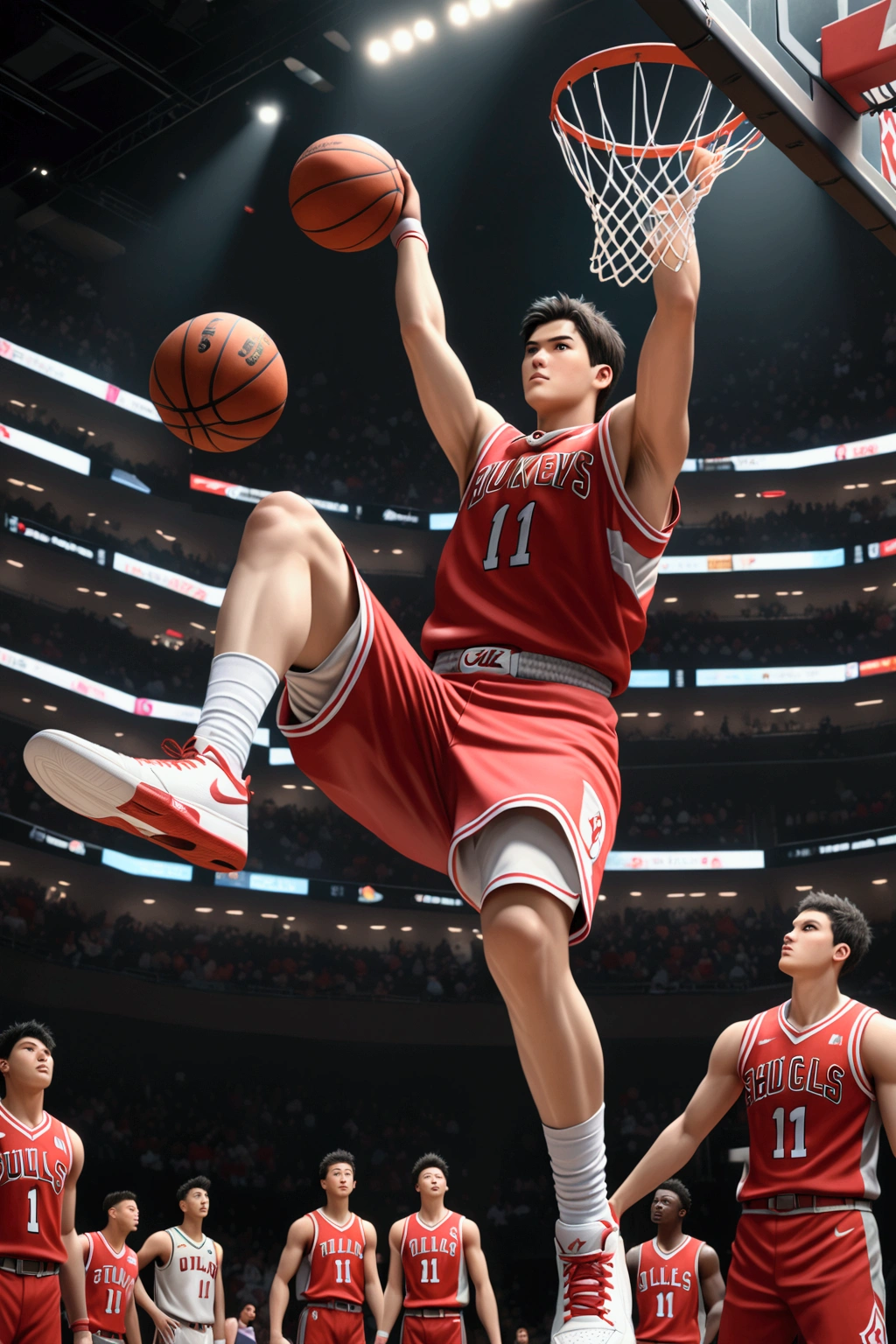1boy, Shohei Ohtani, basketball player, dunk shoot, from below, cinematic angle, audience well up, detailed facial features, realistic, hyper-realistic, photorealistic, (best quality,4k,8k,highres,masterpiece:1.2),ultra-detailed,(realistic,photorealistic,photo-realistic:1.37),studio lighting,vivid colors,dramatic lighting,