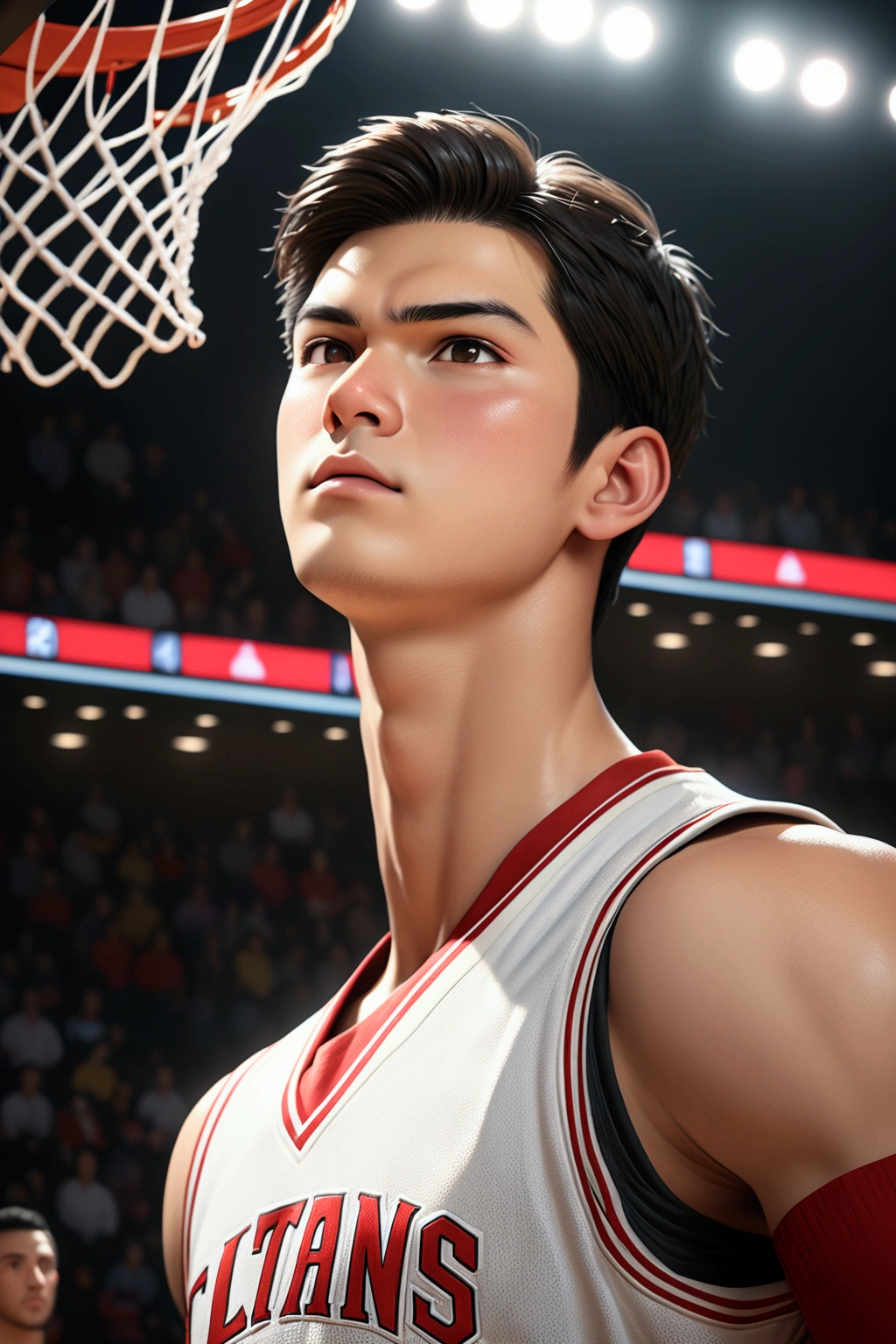 1boy, Shohei Ohtani, basketball player, dunk shoot, from below, cinematic angle, audience well up, detailed facial features, realistic, hyper-realistic, photorealistic, (best quality,4k,8k,highres,masterpiece:1.2),ultra-detailed,(realistic,photorealistic,photo-realistic:1.37),studio lighting,vivid colors,dramatic lighting,