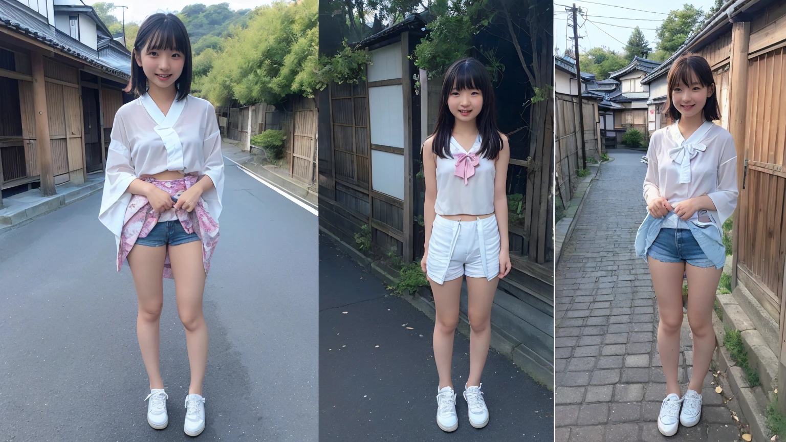 Magazine Cover:1.3、(Beautiful 9  Japanese female town Street in Summer,All are under 90cm tall:2.0), Cute Face, (Deeply chiseled face:0.7), (freckles:0.6), Soft Light,Healthy white skin, shy, Bob, (Serious face), (Sparkling eyes), Summer Street Corner, thin,Small nippley lower body is wet、Semen leaks from the vagina、Semen dripping from the mouth，((Completely naked))、Show off your attitude、{(２Split Photo:1.3)、(Standing posture、Bend both knees outwards:1.5、Bow-legged:1.3)、(Standing posture、Bend both knees outwards:1.5、Bow-legged:1.3)}、Accurate limbs、Accurate Fingers、Accurate Fingersの本数、White sneakers:1.3、around the girl６People Girls、Cute smile、Laughing with your mouth open