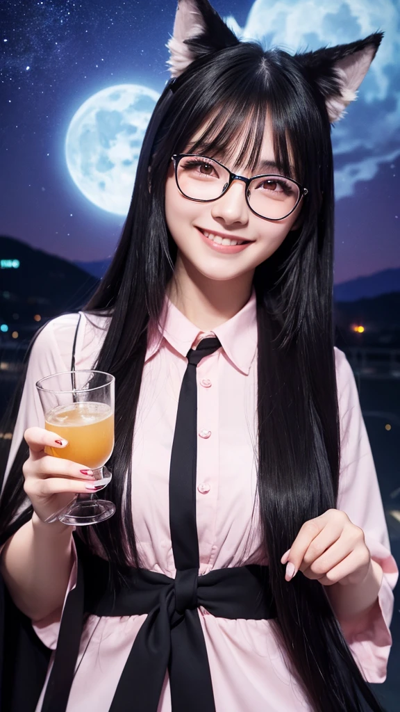 masterpiece, Highest quality, cheers,Black Hair,Pink eyes,Long Hair,Straight Hair,Glasses,Night Sky,A perfect smile,Open your mouth,Wolf Ears