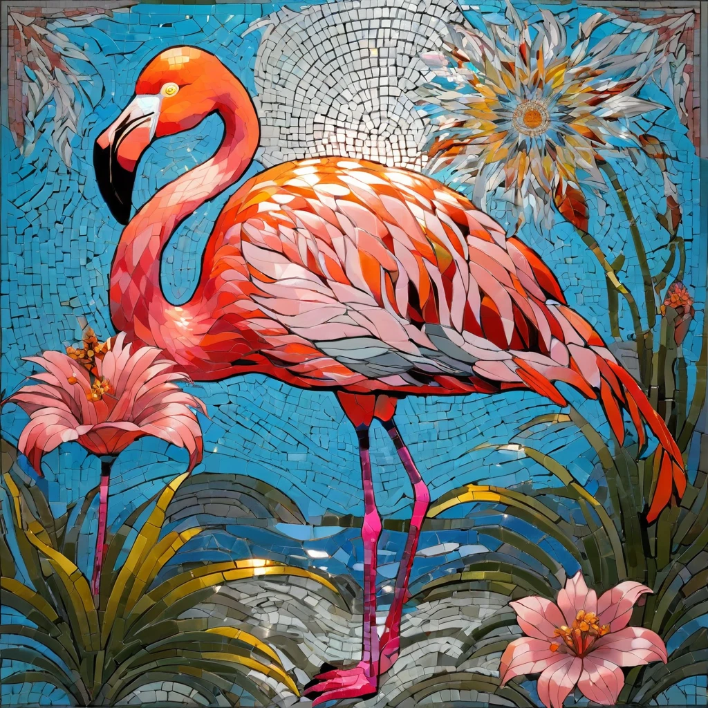 Portrait of flamingo and flower adventurer ,radiation mosaic:1.2, catch the sun:0.8, Like shards of glass that infuse heat and energy into space:0.4 Flash and dancing.