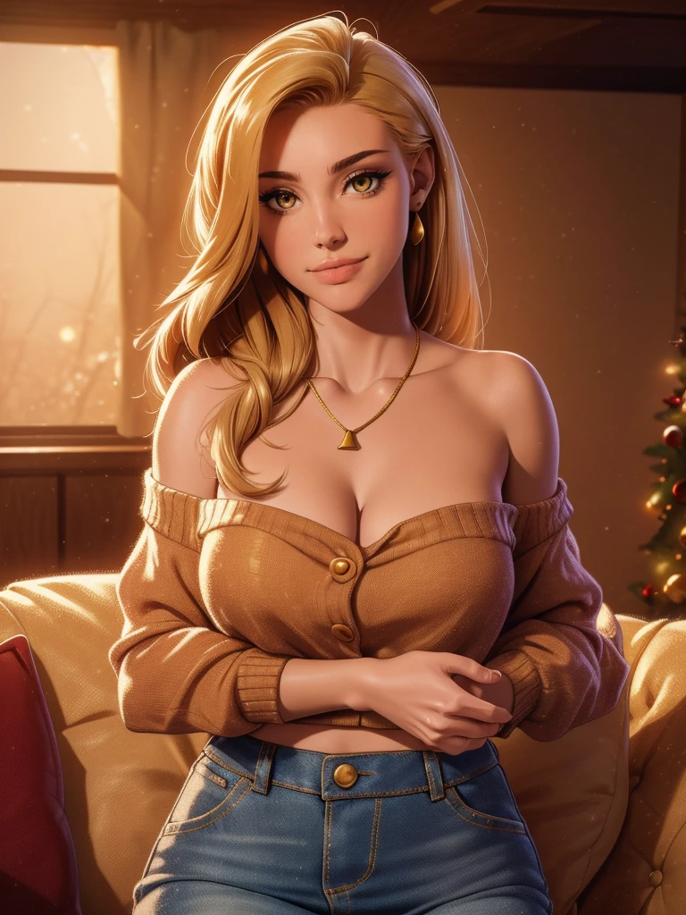 One handsome Chad hugs three beautiful bitches, who grab him and touch him,  dressed in Christmas colored sweaters, button up shirts, skirts and jeans, women: beautiful textured long flowing hair, women: cloth, cleavage revealing shoulder belly collarbone, seductive, materials, golden hour, , Jewelry, golden hour, photorealistic, masterpiece, enamored, Smirks, perfect faces, flirty, parameter: sofa in the living room, Christmas decorations, harem, watercolor, Cinematic professional 8K photography with ray tracing, subsurface scattering and illumination