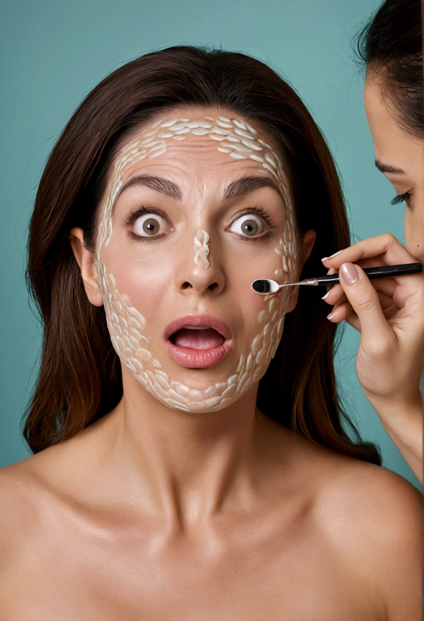 a woman with a surprised and amused facial expression as a cosmetician performs a treatment on her. The humorous staging emphasizes the absurdity of the situation in an entertaining way. fish sperm on her face