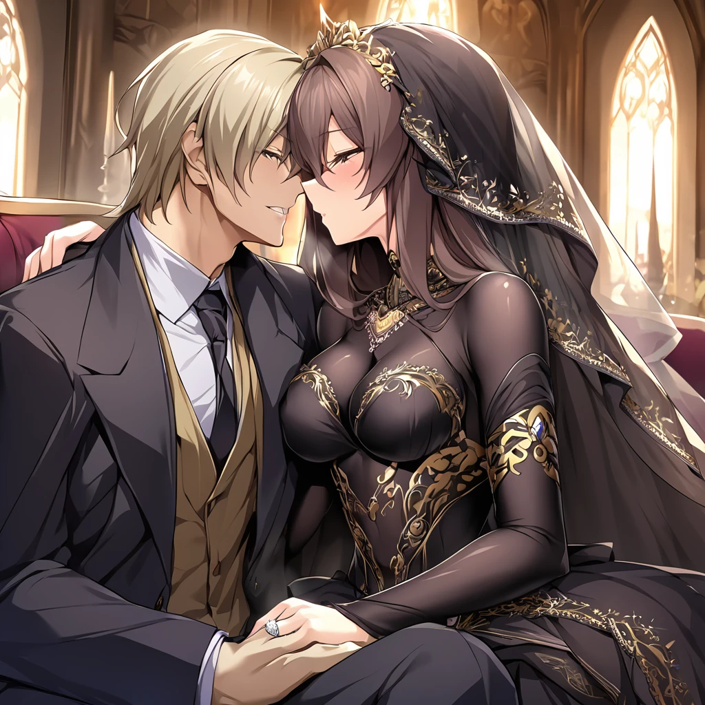 ((Highest quality)), ((masterpiece)), (detailed), (Perfect Face)、The woman is an Extia with medium-long brown hair, wearing a gorgeous black wedding dress with gold embroidery and trim, a black wedding veil, and an engagement ring.、The man is the evil leader, Naioro, a handsome man with medium-long blonde hair and a black bodysuit.、In a luxurious church belonging to an evil organization, the brunette woman, Exutia, and the handsome man, Naioro, with his medium-length blonde hair, embrace each other happily, kiss each other passionately, and are deeply in love as they hold their wedding ceremony.、A man and a woman are a deeply loving couple