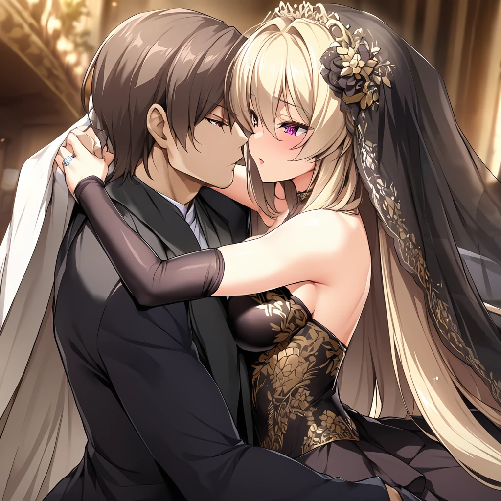 ((Highest quality)), ((masterpiece)), (detailed), （Perfect Face）、The woman is an Extia with medium-long brown hair, wearing a gorgeous black wedding dress with gold embroidery and trim, a black wedding veil, and an engagement ring.、The man is the evil leader, Naioro, a handsome man with medium-long blonde hair and a black bodysuit.、In a luxurious church belonging to an evil organization, the brunette woman, Exutia, and the handsome man, Naioro, with his medium-length blonde hair, embrace each other happily, kiss each other passionately, and are deeply in love as they hold their wedding ceremony.、A man and a woman are a deeply loving couple