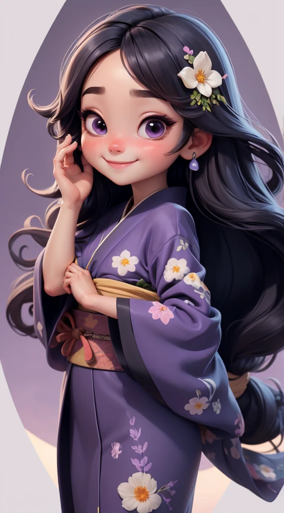 Create a  chibi version of the Alice character in an 8K resolution. As a coloring book, the color should be black and white, the border should be simple, with the same line thickness, clear, and bold. A beautiful Asian girl with long, flowing black hair adorned with a delicate [lavender hair ornament] is strolling through the picturesque [lavender fields] of Furano, Hokkaido. She is wearing a stunning [kimono with lavender pattern], the vibrant purple colors contrasting with the vast expanse of blooming lavender. The girl's expression exudes a sense of tranquility and joy as she immerses herself in the beauty of the fragrant flowers, It's sunny, Detailed eyes, clear outlines, kawaii pose, A smile, Raise your right hand, Eye Up, Laugh, radiant light, Taken from the side. She should look adorable and cute. Give him a smiling expression and a sweet smile on his face, capturing the essence of the character in a delicate and charming way.