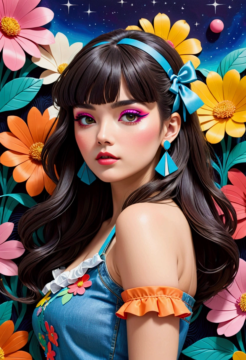 Featuring a dynamic and confident woman,She wears bold makeup,Wear colorful T-shirts, Bare shoulders, Ruffled sleeves, neck ribbon,Jewelry Earrings, Long hair, Looking at the audience, Bangs, Low rise denim shorts, Surrounded by vintage flower motifs, Vibrant brushstrokes, Self-deconstruction, Surreal Vaporwave Aesthetics, Threshold space, Negative Space,Pop Art, (Quilted Paper Art), Edge lighting、Octane Rendering、(Clear lines, HD,best quality, masterpiece, 4K ),